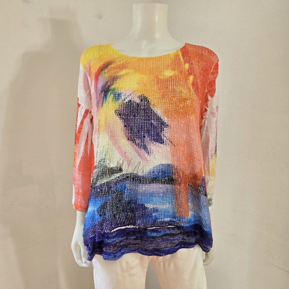 Jess & Jane Abstract Monet Mixed Fabric Top Tunic Size M Art to Wear 3/4 Sleeve